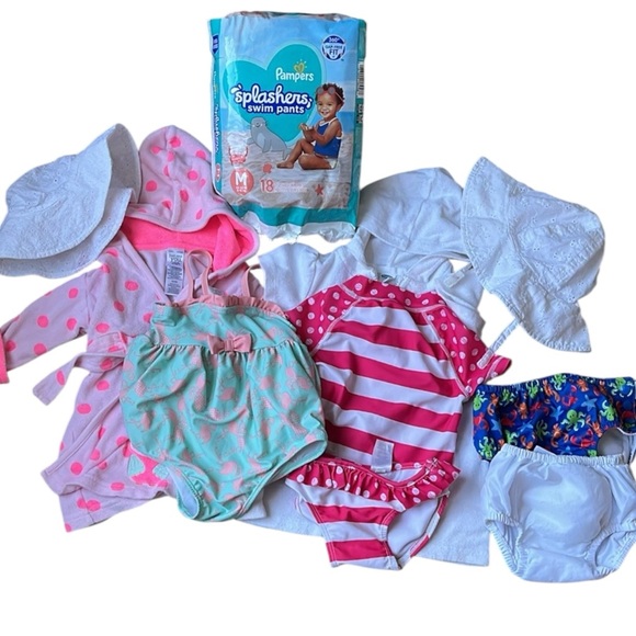 Lot of 8 baby swimsuits, coverups, swim diapers, hats, pool resort beach 6-12 mo - Picture 1 of 16